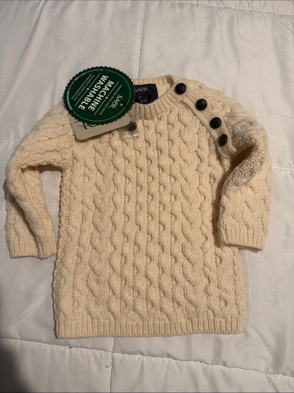 Merino Wool Unisex Kids Crewneck Sweater with Shoulder Buttons - Cream